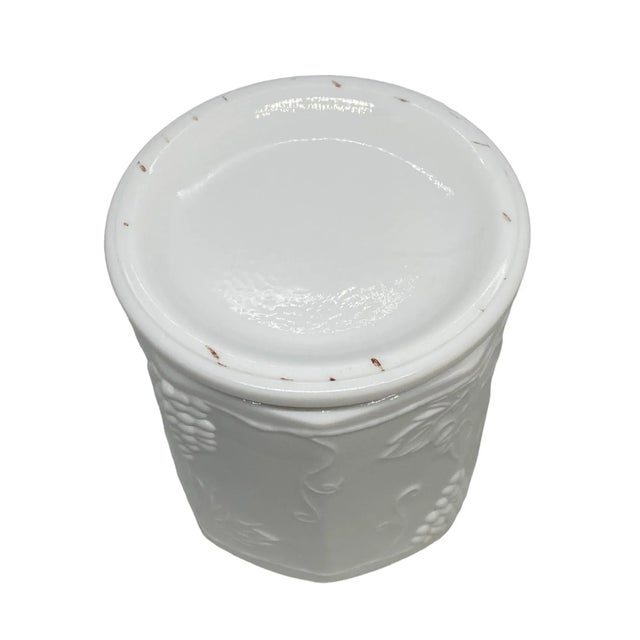 Mid 20th Century Harvest Milk Glass by Colony White Octagonal Shape Lidded Canister With Grapes Design For Sale - Image 9 of 13