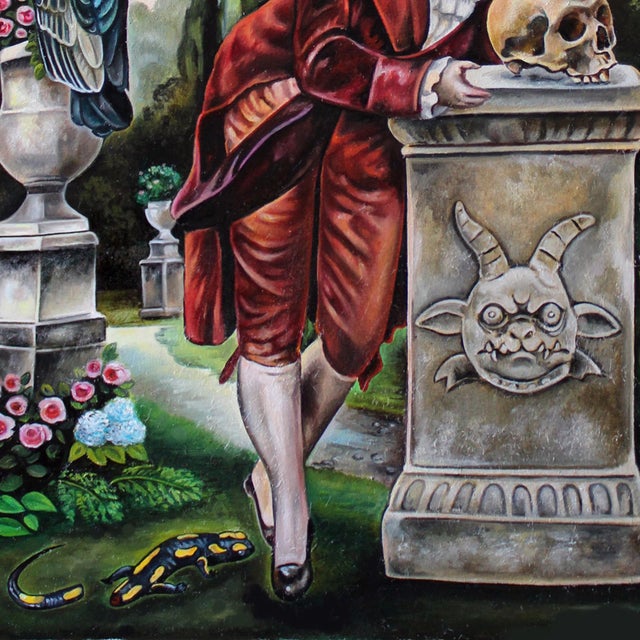 Lust for Life by Claudia Griesbach-Martucci | Oil on board Wolf-headed figure in a garden setting. For Sale - Image 4 of 5