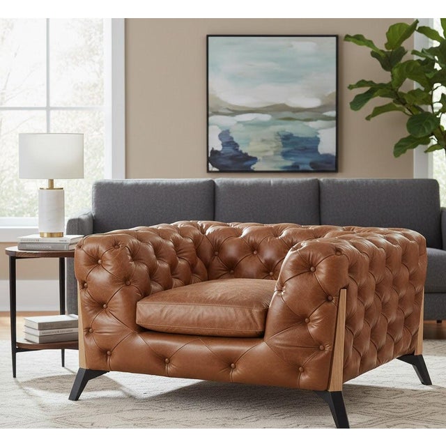 2020s Olivia Contemporary Tufted Chesterfield Arm Chair - Light Brown Leather For Sale - Image 5 of 8