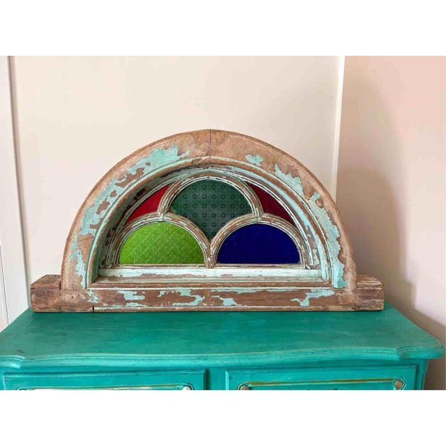 Antique Indian Teak and Cathedral Glass Overdoor Lunette, First Half of the 20th Century, 1920s For Sale - Image 15 of 15
