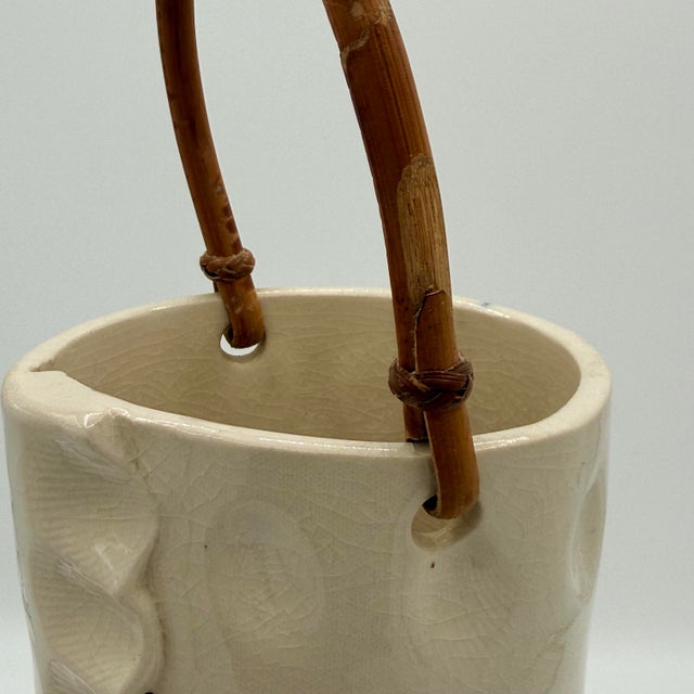 Contemporary Signed 1992 Studio Pottery Vase With Bamboo Handle, Organic Modern Ceramic Vessel, Handcrafted Art Pottery, Neutral Glaze Cylinder For Sale - Image 3 of 11