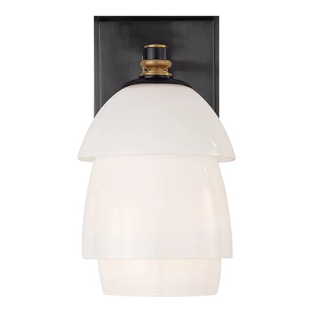 Thomas O'Brien for Visual Comfort Signature Whitman Small Sconce in Bronze & Hand-Rubbed Antique Brass with White Glass Shade For Sale