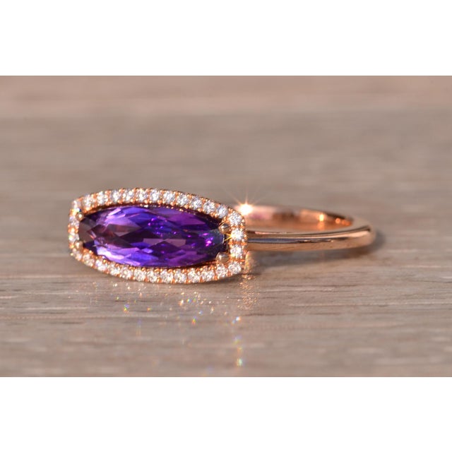 Early 21st Century The 93rd Avenue: Contemporary Checkerboard Cut Elongated Amethyst and Natural Diamond Halo Ring in Rose Gold For Sale - Image 5 of 11