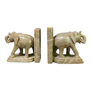 Vintage Pair of Hand Carved Green Marble Lucky Elephant Bookends For Sale