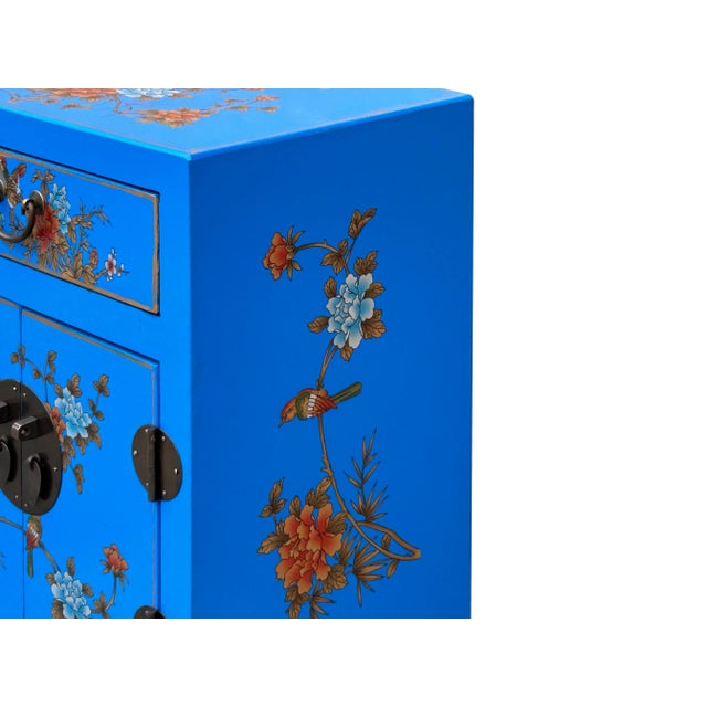 Chinese Bright Blue Vinyl Moon Face Flower Birds End Table Nightstand For Sale - Image 10 of 11