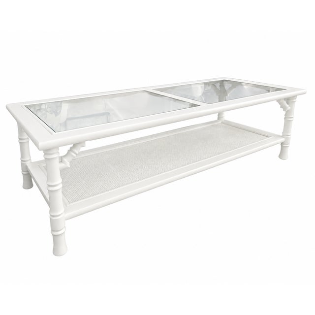Chippendale Vintage Faux Bamboo Glass Top Coffee Table in Super White Satin For Sale - Image 3 of 12