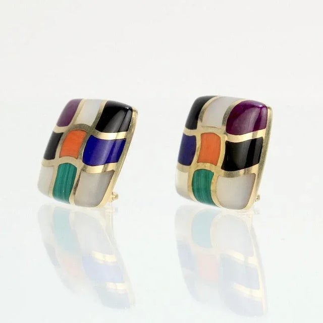 Contemporary Asch Grossbardt Mosaic Multi-Gemstone Inlaid 14 Karat Gold Clip Earrings - 2 Pieces For Sale - Image 3 of 6