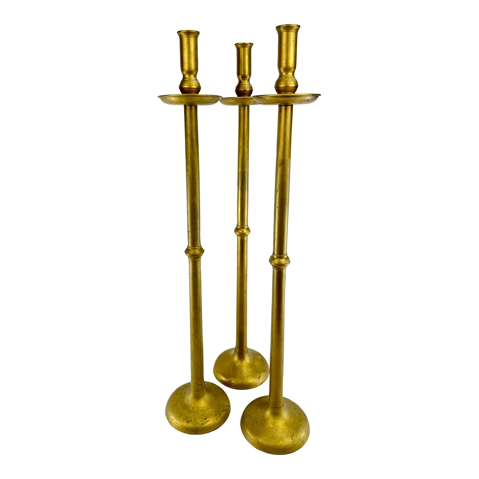 Vintage Mid Century Brass Large Candlesticks, Set of 3 | Chairish