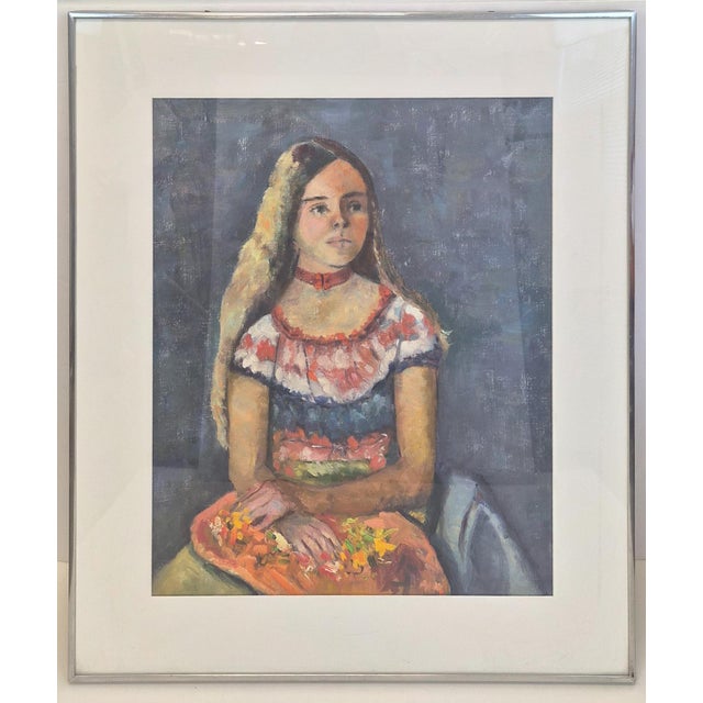 1970s ~ 1980s Seated Girl in a Gown. Original hand painted portrait in its original frame. There is a signature on the back.