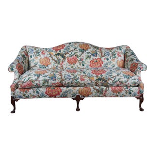 Vintage Queen Anne Mahogany Camelback Settee Sofa Crewel Style Fabric Down Seat For Sale
