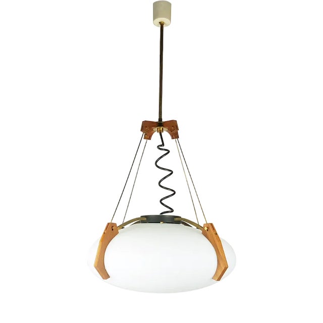 Italian Opaline Glass, Brass & Teak Pendant Lamp, 1950s For Sale
