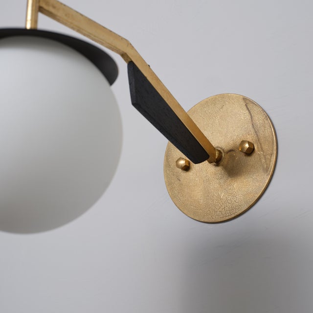 Mid-Century Modern Italian Brass and Black Sconces with Opaline Glass Globes, 1950s, Set of 2 For Sale - Image 3 of 13