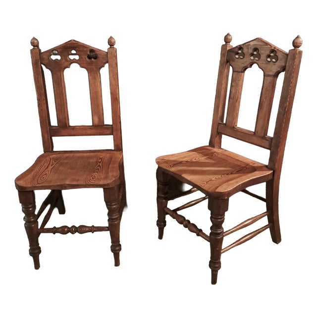 Antique Gothic Pitch Pine Hall Chairs, 1890, Set of 2 For Sale