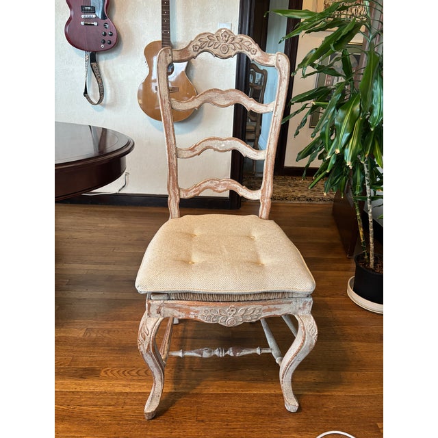 Vintage French Dining Chairs S/6 Ladder-Back Rush Seats Custom Pads For Sale - Image 4 of 12