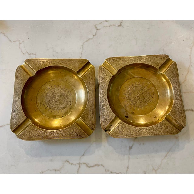 Metal Pair of Vintage Etched Brass Ashtrays For Sale - Image 7 of 9