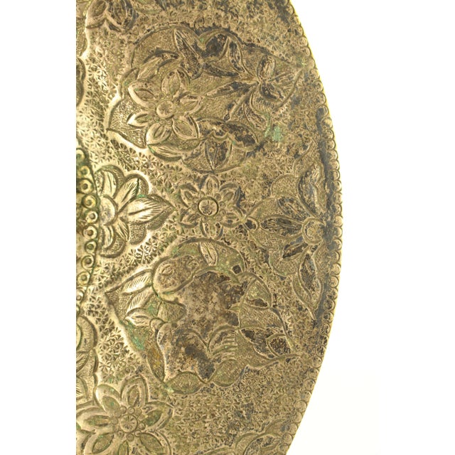 Metal 19th Century Indo-Persian Qajar Plate Low Grade Silver Tooled Flowers, Birds & Hares For Sale - Image 7 of 12