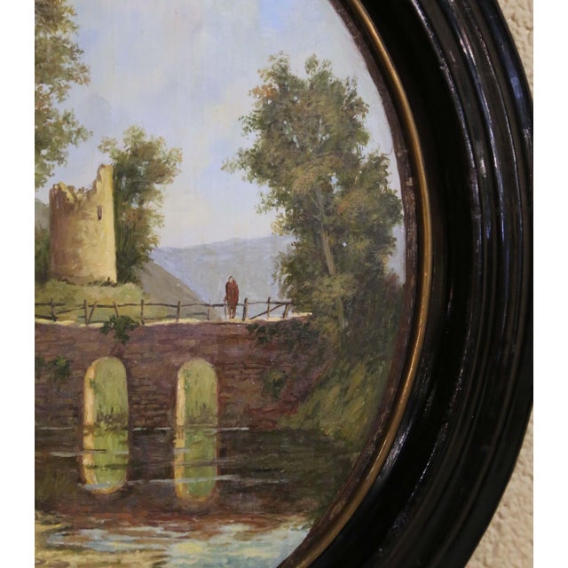 19th Century French Oval Landscape Oil Painting With Bridge and Ruins For Sale - Image 4 of 9