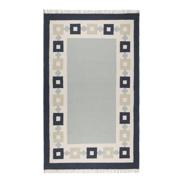 Part & Parcel Goods Wool Chain Rug 2’6” x 10', Sky Blue, Navy, Celadon and Eggshell For Sale