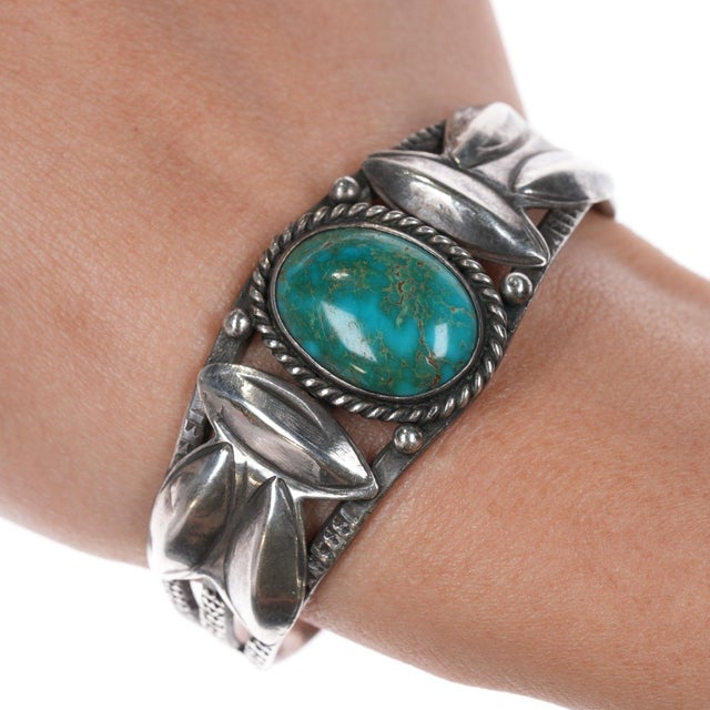 6 1/8" 30's-40's Navajo silver cuff bracelet with awesome turquoise. Weight and measurements in pics, no issues. Very nice...