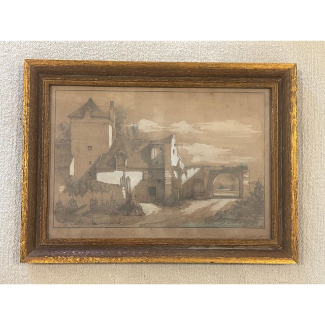 Mid 19th Century 19th Century European Sepia Wash Architectural Landscape Drawing in Pencil & Chalk, Framed For Sale - Image 5 of 16