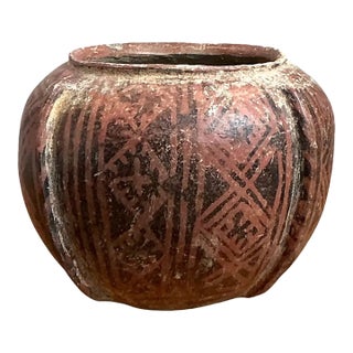 Vintage Red Geometric Patterned Ceramic Vase For Sale