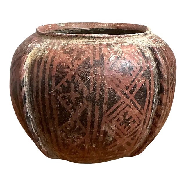Vintage Red Geometric Patterned Ceramic Vase For Sale