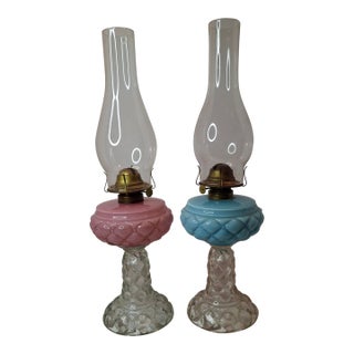Rare Pair Antique Consolidated Pink & Blue Cased Glass Florette Stand Lamps P&A For Sale