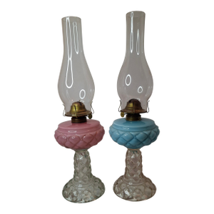 Rare Pair Antique Consolidated Pink & Blue Cased Glass Florette Stand Lamps P&A