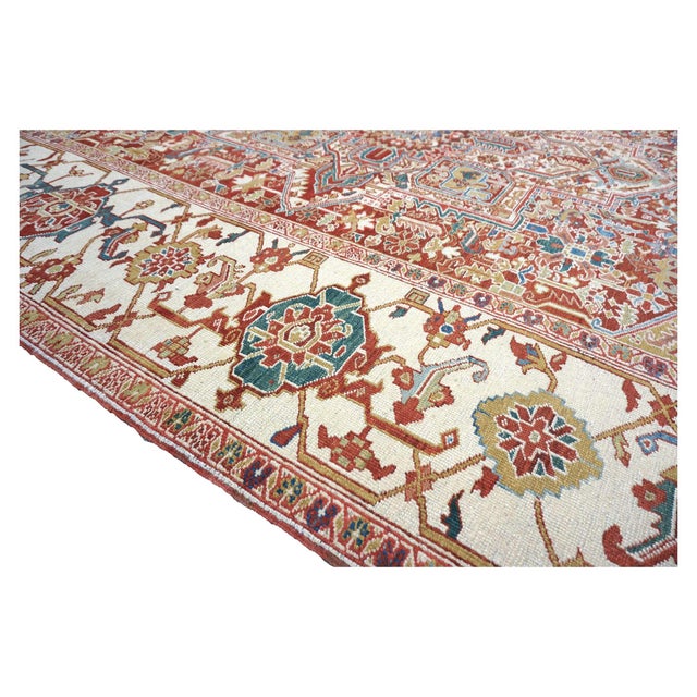 Antique Persian Heriz Wool 11X19 Rust, Ivory & Blue Handmade Area Rug #1140939 For Sale - Image 10 of 17
