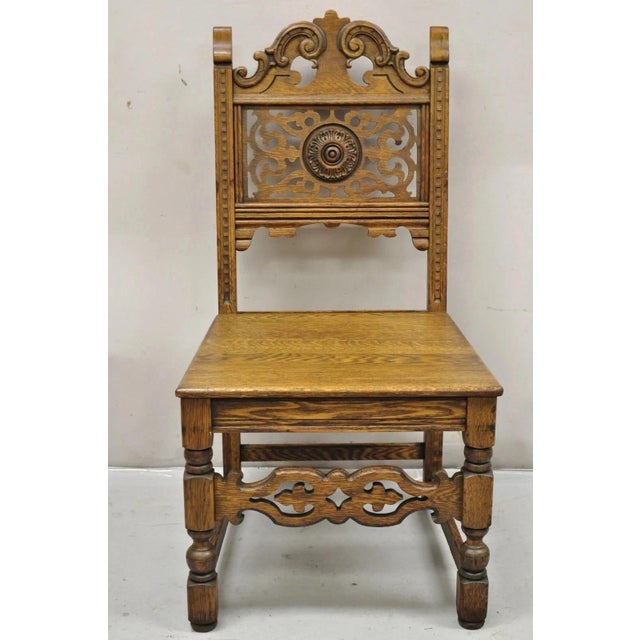 Renaissance Antique Vanleigh Carved Oak Italian Renaissance Style Throne Dining Side Chair For Sale - Image 3 of 10