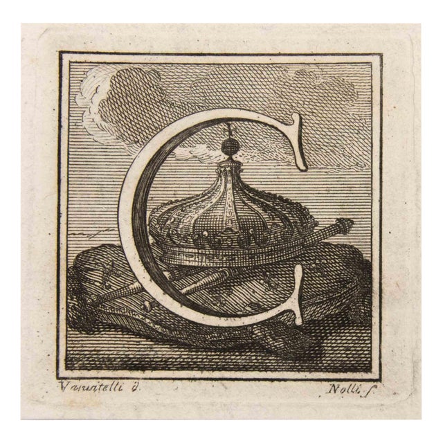Luigi Vanvitelli, Capital Letter C, Etching, 18th Century For Sale