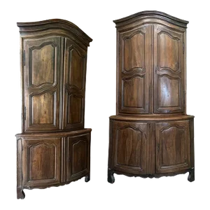 Matching Pair of Walnut 18th C Antique Bow Front 4-Door French Provincial Corner Armoires