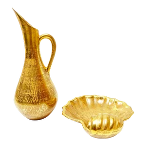 Mid Century Modern Stangl Hand Painted Granada Gold Ceramic Art Pitcher and Clam Shell Dish Set - 2 Pieces