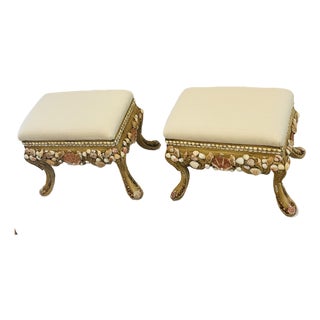 1940s Gorgeous Pair Neoclassical Sea Shell Grotto Encrusted Ottomans For Sale