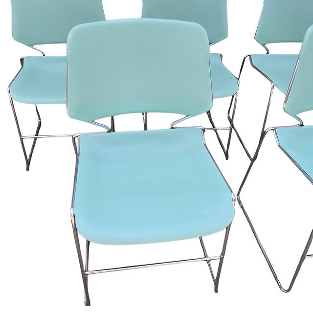 Aqua Mid-Century Chrome Stacking Chairs- Set of Seven For Sale - Image 11 of 17