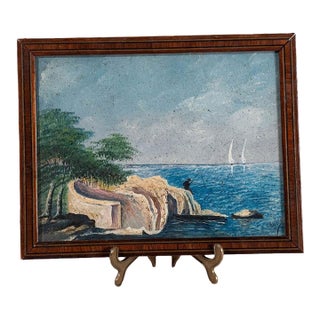 Mid 20th Century Original Oil on Board Landscape With Fisherman For Sale