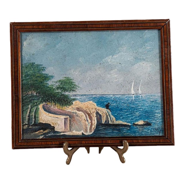 Mid 20th Century Original Oil on Board Landscape With Fisherman For Sale