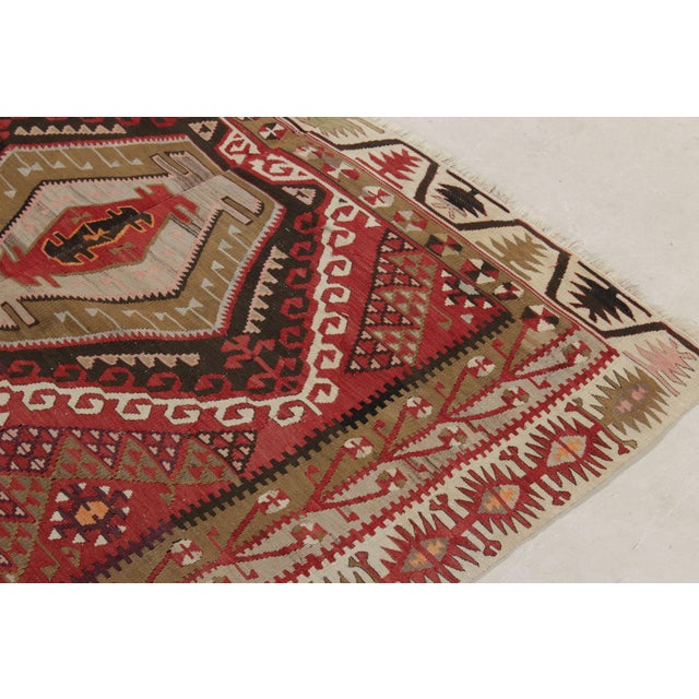 1940s Handwoven Vintage Turkish Kayseri Kilim Rug, Red, Beige-Brown Geometric Pattern For Sale - Image 5 of 8