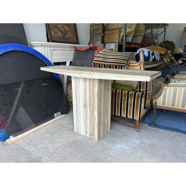 Metal Pair of Italian Modern Travertine and Brass Console Tables For Sale - Image 7 of 12