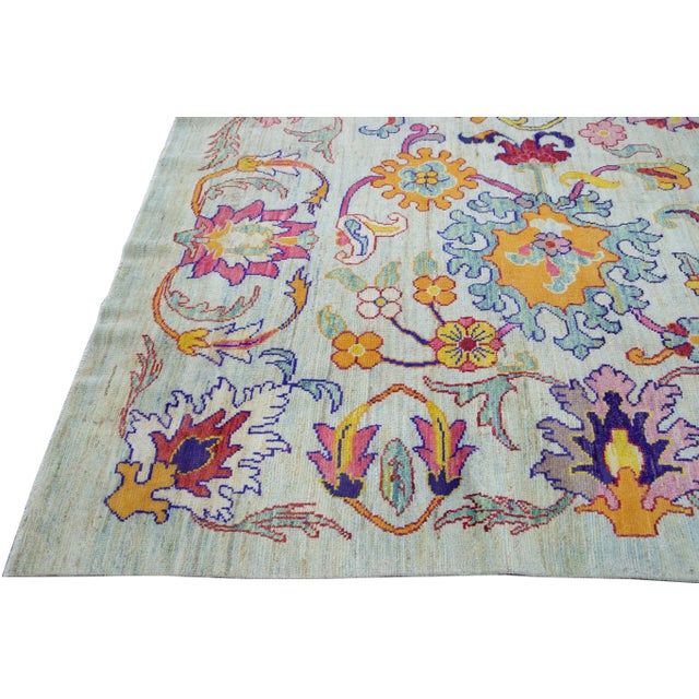 Textile Modern Oushak Handmade Multicolor Floral Pattern Oversize Blue Wool Rug For Sale - Image 7 of 10