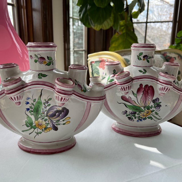 Pair of Faience tulipiere vases // traditional decor // tulip vase // floral design // specimen vase // multi spout vase // French Antique For Sale - Image 4 of 10