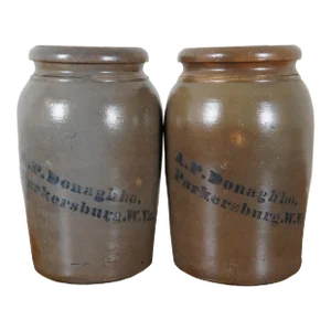 Antique Ap Donaghho Salt Glaze Cobalt Stoneware Crocks Canning Jars- Set of 2