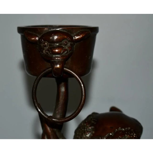 1950s Vintage Chinese Bronze Foo Dog Candle Holder For Sale - Image 5 of 13