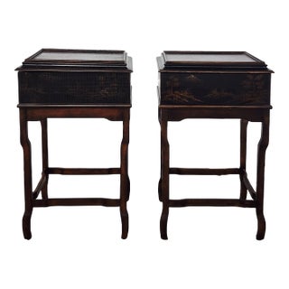 Ethan Allen Chinoiserie Style Lift Top Side Tables - A Pair For Sale
