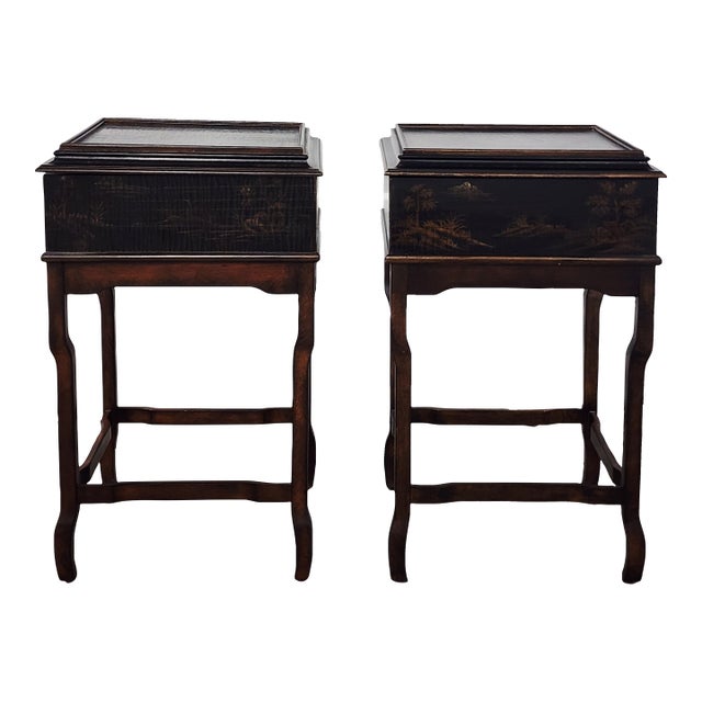 Ethan Allen Chinoiserie Style Lift Top Side Tables - A Pair For Sale