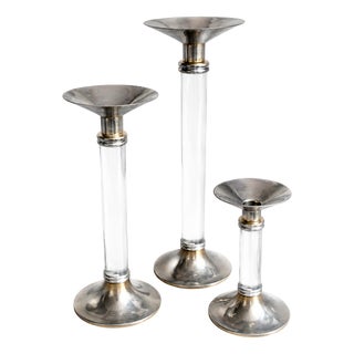 Vintage Hollywood Regency Candleholders in Silver-Plated Metal and Acrylic Glass, 1970s, Set of 3 For Sale