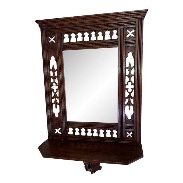 Early 20th Century Gothic Revival Wall Mirror With Original Beveled Mirror & Shelf For Sale