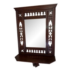 Early 20th Century Gothic Revival Wall Mirror With Original Beveled Mirror & Shelf