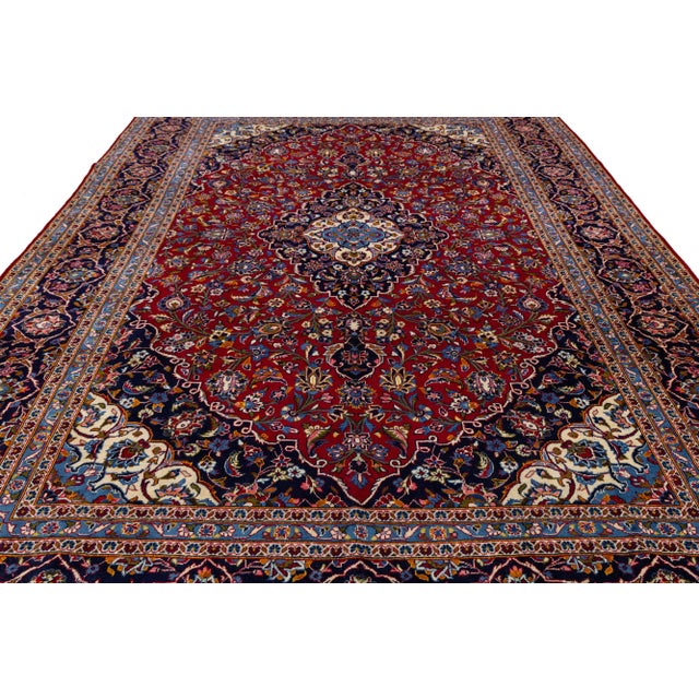Rosette Designed Persian Kashan Wool Rug in Red From the 1950s For Sale - Image 4 of 9