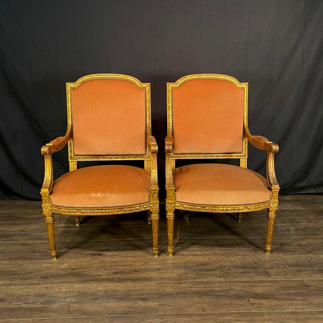 Supremely elegant antique French Louis XVI salon suite from the Napoleon III Belle Epoque era, comprising a sofa or...